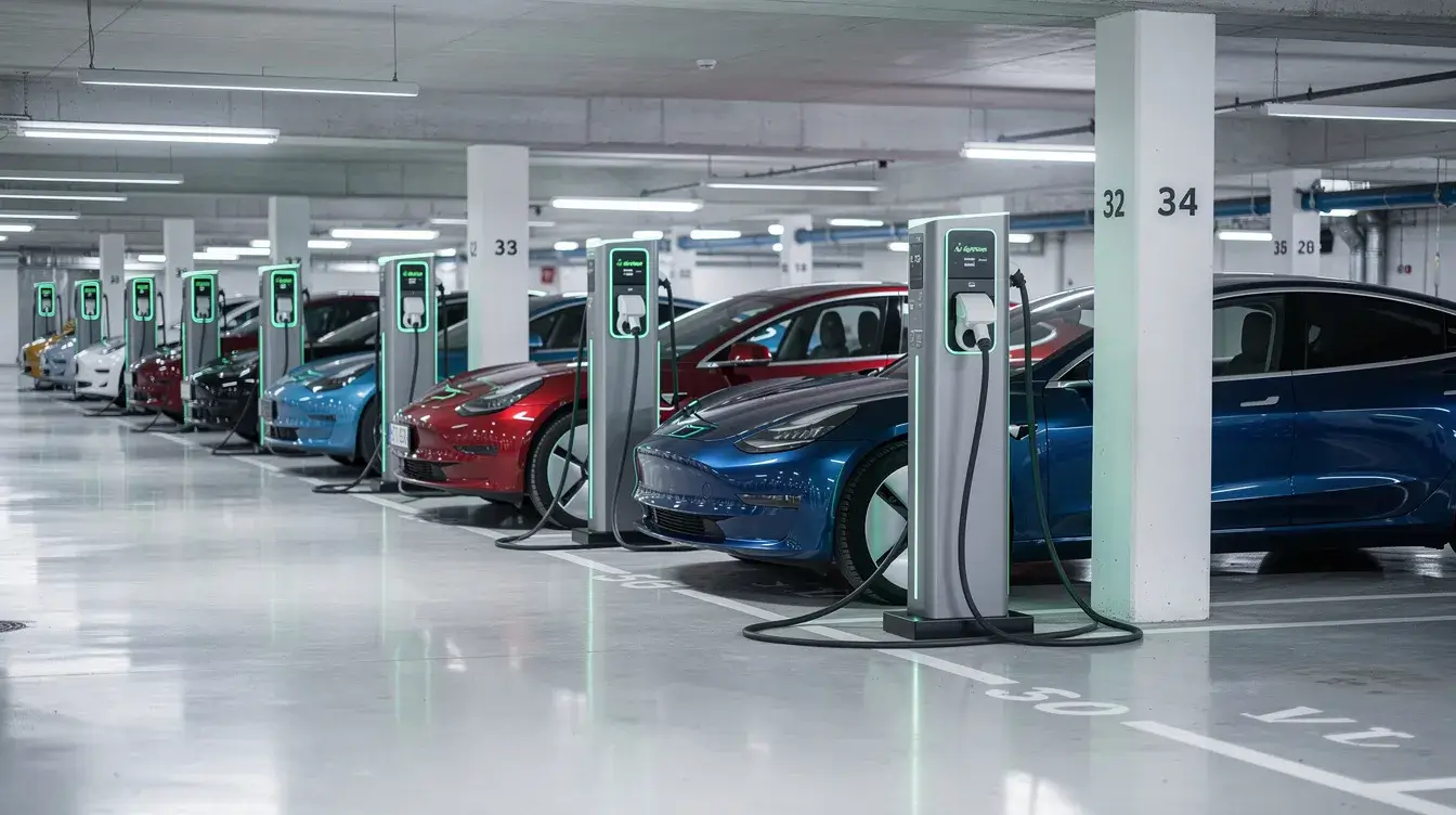 a row of electric vehicle charging stations located in a modern parking structure